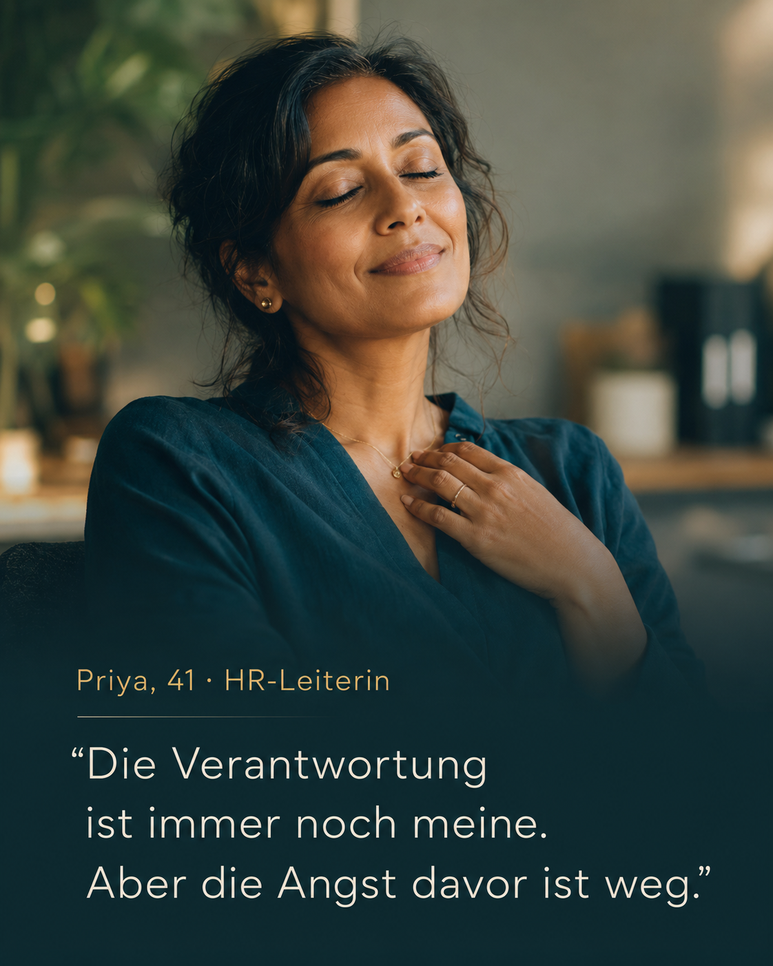 Priya, 41, HR-Leiterin, erlebt einen ruhigen Moment von Souveränität im Umgang mit AI.